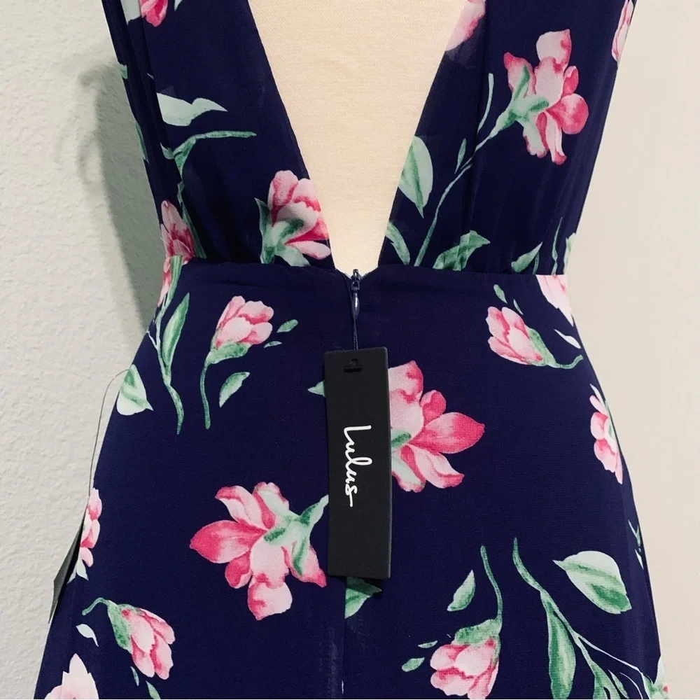 Lulu’s New V-Neck Sleeveless Navy Floral Print Maxi Prom Bridesmaid Dress Size M - Picture 12 of 16